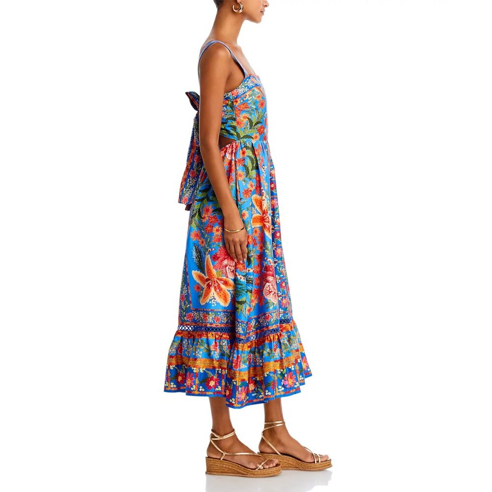 FARM Rio Vibrant Blue Floral Midi Dress with Orange & Pink Blooms - Picture 4 of 16